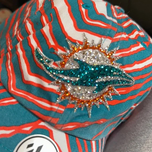 Flower pattern Swarovski crystal embellished Florida dolphins adjustable hat Swarovski Crystal Bling Miami Dolphins Adjustable Hat - Etsy main image 3